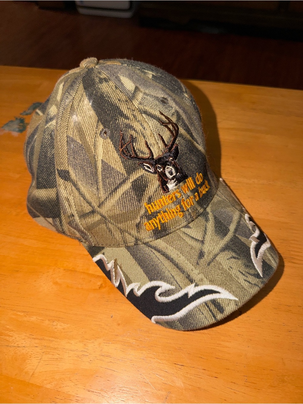 Hunting Camo hat with embroidery deer “hunters will do anything for a buck”